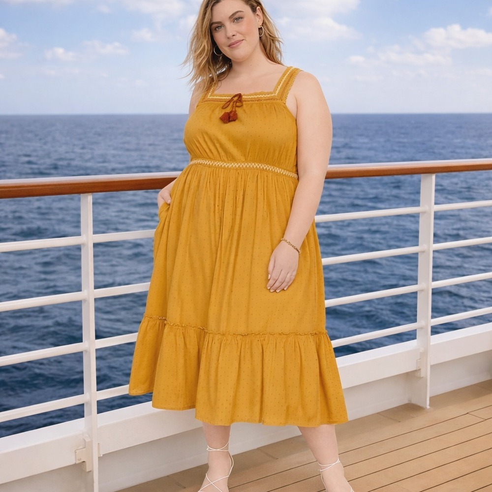 Old Navy Tiered Midi Dress Women's 2X Mustard Yellow Smocked Swiss Dot Beach